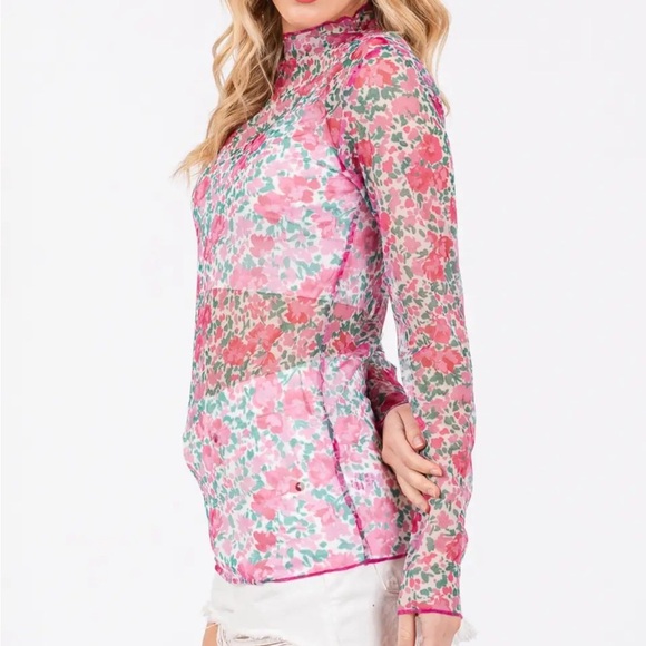 Pink and Blue Fitted Floral Blouse mesh - Picture 3 of 5